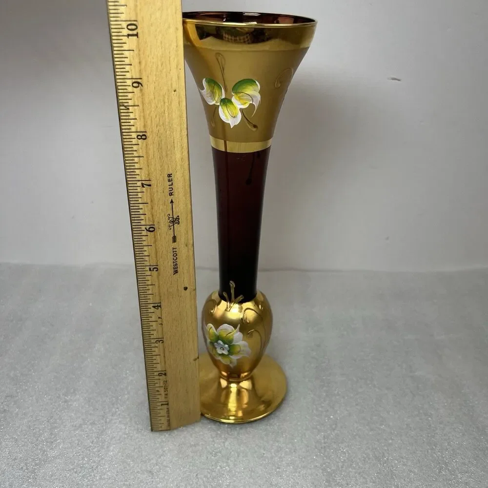 Bohemian Czech Ruby Red Murano Glass Bud Vase 18k Gold Hand Painted Flowers 10”